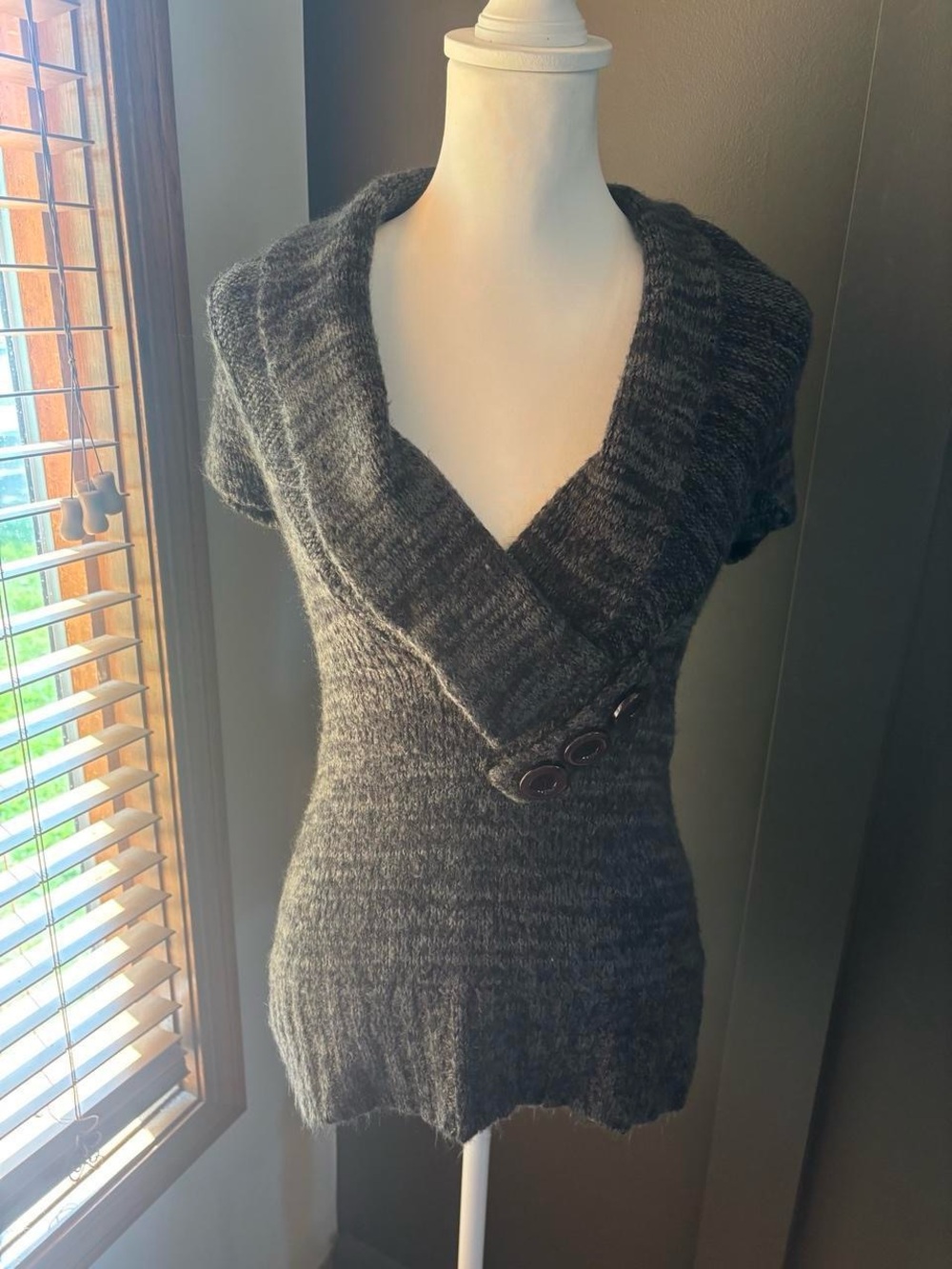 SayWhat Gray Shawl Collar Short Sleeve Sweater Top Large Y2K